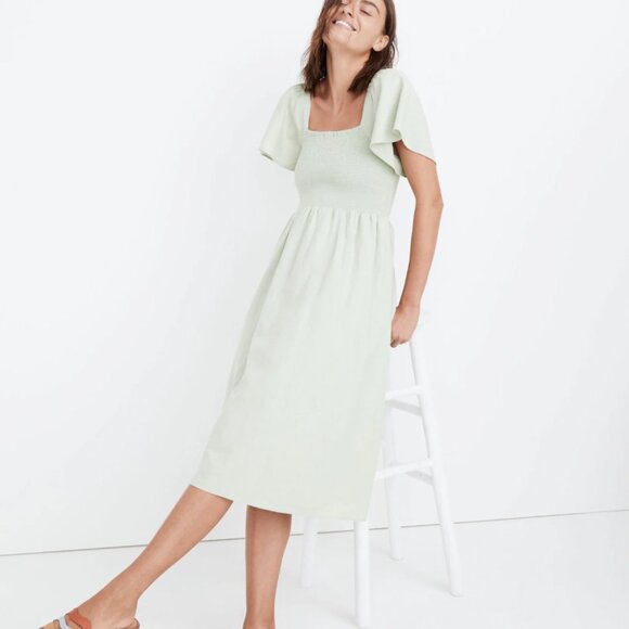 Madewell | Linen-Blend Lucie Smocked Midi Dress | Sage Green | 3XL - Picture 5 of 8